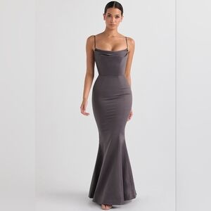 House‎ Of CB Violette shadow Grey satin fishtail gown Mermaid Maxi Dress S NWT
